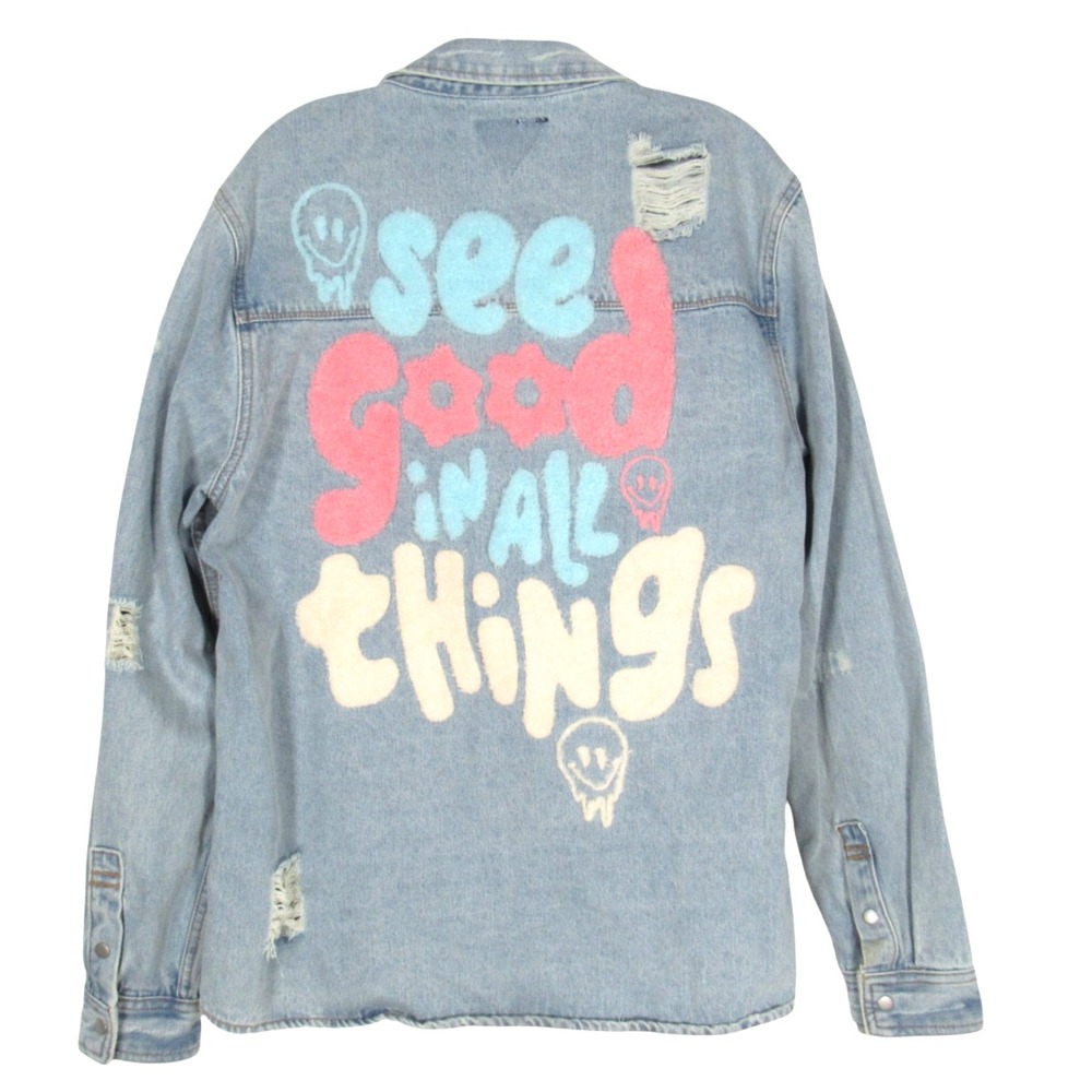 TRIO URBAN Denim DESTROYED/DISTRESSED See Good In All Things JEAN JACKET Sz L